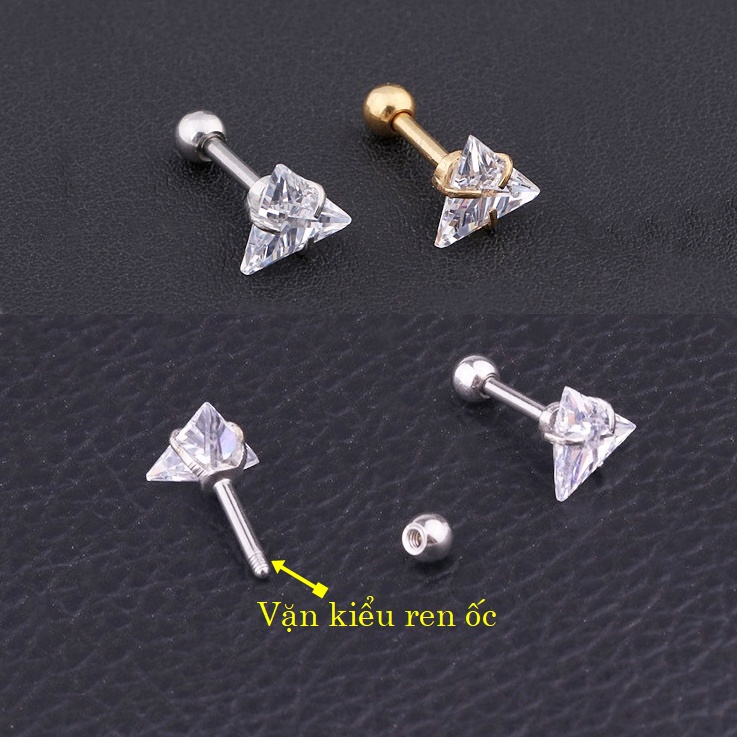 Bông tai titan nữ đính đá hình tam giác 3 mm 4 mm 5 mm (giá 1 chiếc)