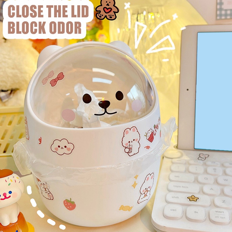 Hộp đựng bút/ rác để bàn có nắp mini hình gấu dễ thương MM