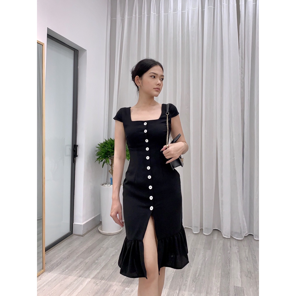 Đầm Bút Chì Dáng Đuôi Cá Tay Ngắn Nút Thân Trước CQA Boutique CQA0013 Màu đen Quyến Rũ Chất Vải Crepe Cao Cấp