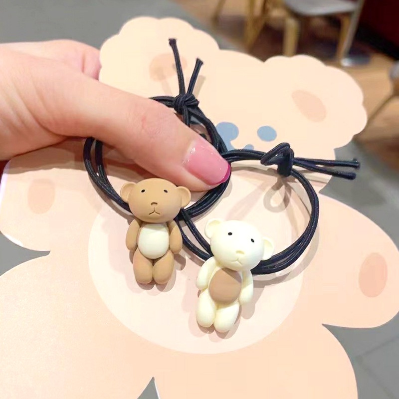Dây Buộc Tóc Cao Su Co Giãn Bọc Da In Hình Gấu Hoạt Hình Màu Trà Sữa Phong Cách Hàn Quốc Cho Nữ