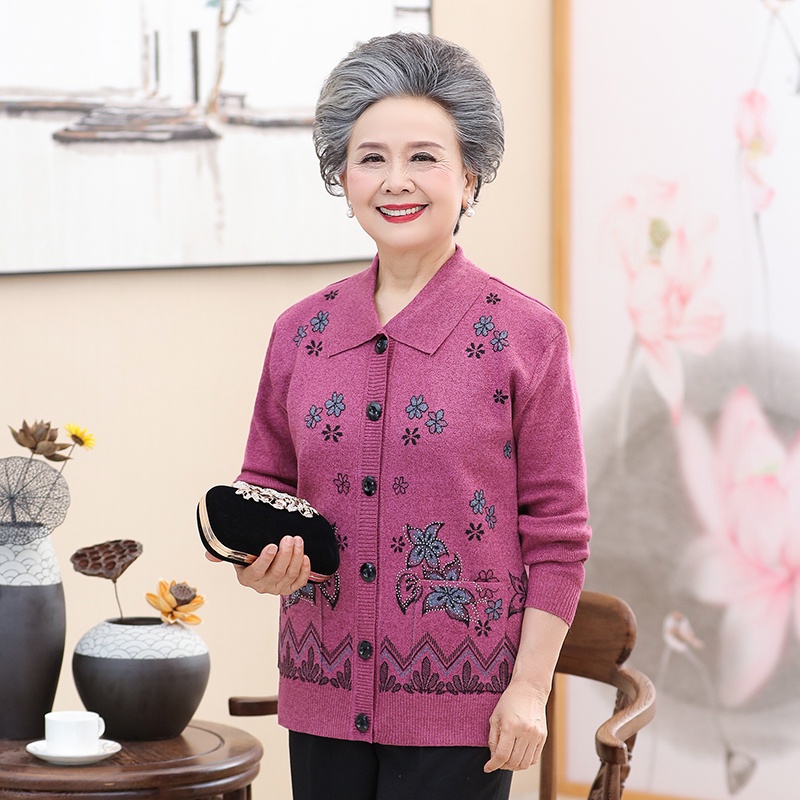 Áo khoác len trung niên nữ cho bà cho mẹ_ áo len dệt kim họa tiết hoa sang trọng