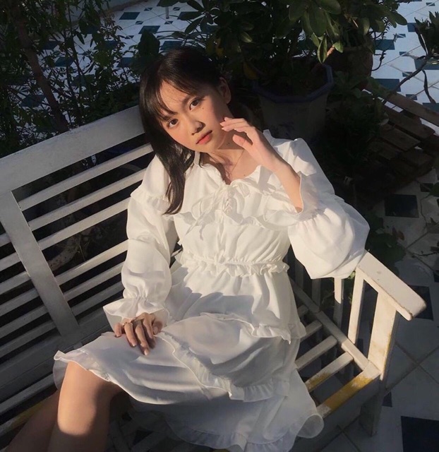 Đầm babydoll tay dài phối bèo trắng tiểu thư công chúa nhẹ nhàng