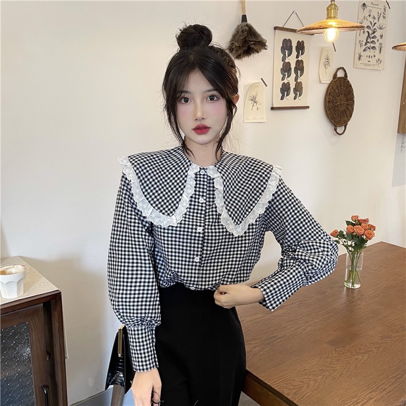 Áo Sơ Mi Kiểu Nữ kẻ ren bèo đẹp dài tay phong cách ulzzang vintage hàn quốc kozoda SM61