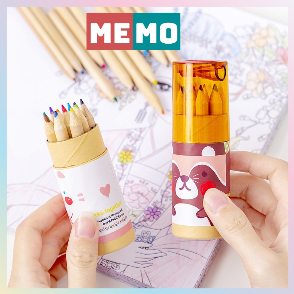 Bút chì màu,hộp bút màu MEMO có gọt ở nắp cho học sinh