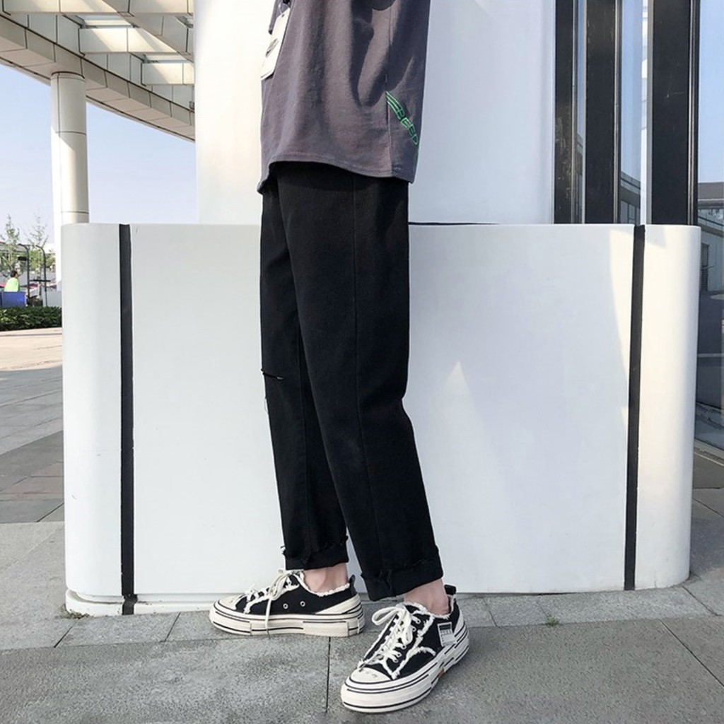 [Tiền Nào Của Đấy]Quần Jean Baggy Nam Rách Gối Ống Rộng Đen Trơn Không Phai Màu Vải Co Giãn-B05