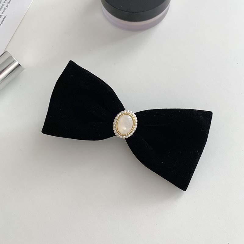 Kẹp Tóc Nơ Nhung Đen Đính Ngọc Trai Phong Cách Retro Cho Nữ