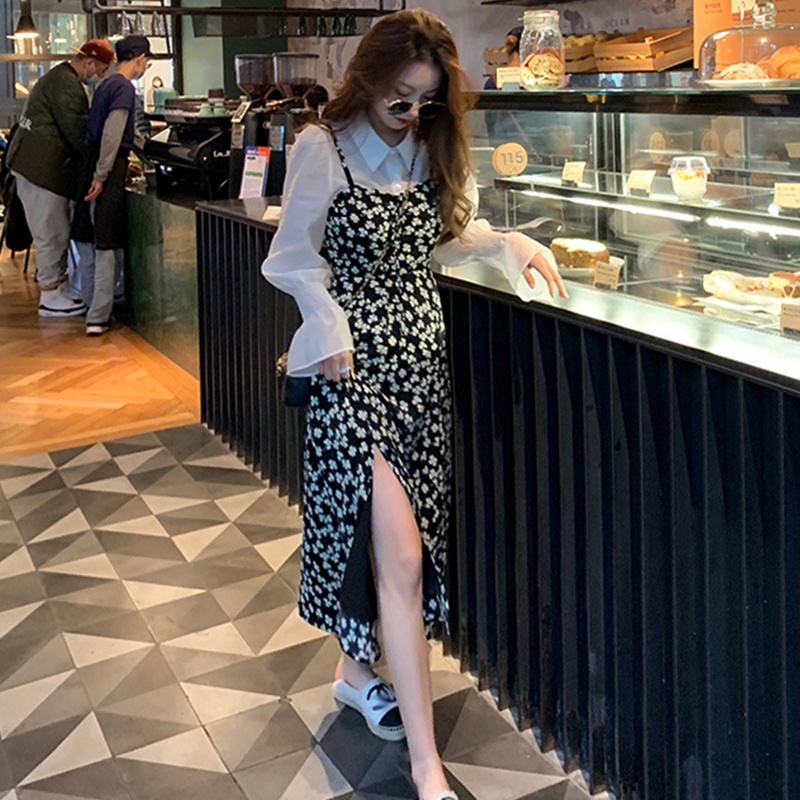 Đầm IELGY hai dây vải chiffon ôm dáng vừa vặn họa tiết hoa thiết kế xẻ tà phong cách Pháp thời trang