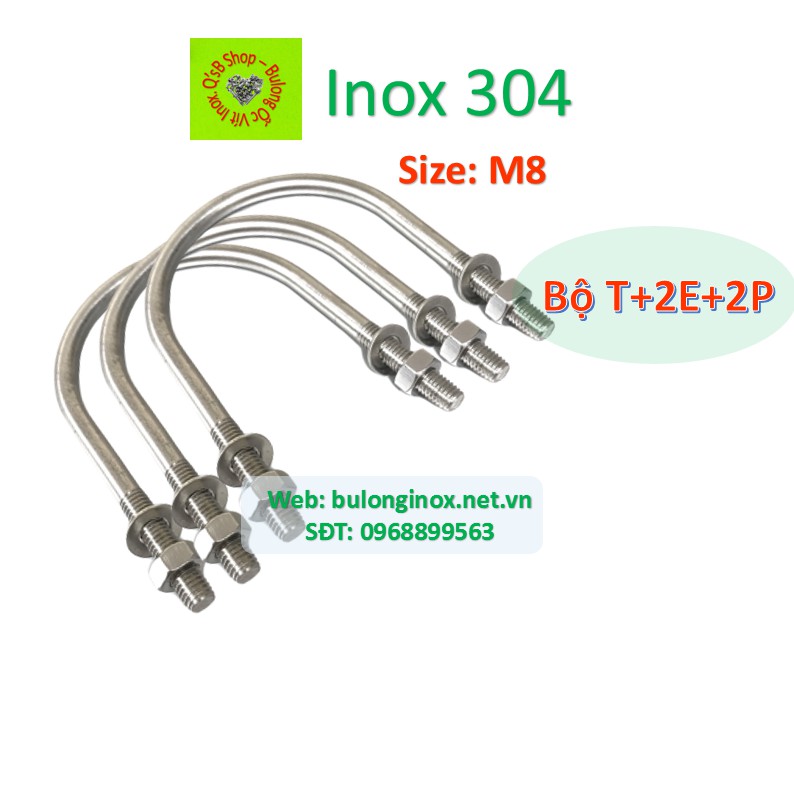 Ubolt inox size 8 (bán theo bộ Thân+ 2 ecu + 2 long đen phẳng ) , cùm chữ u inox, inox 304