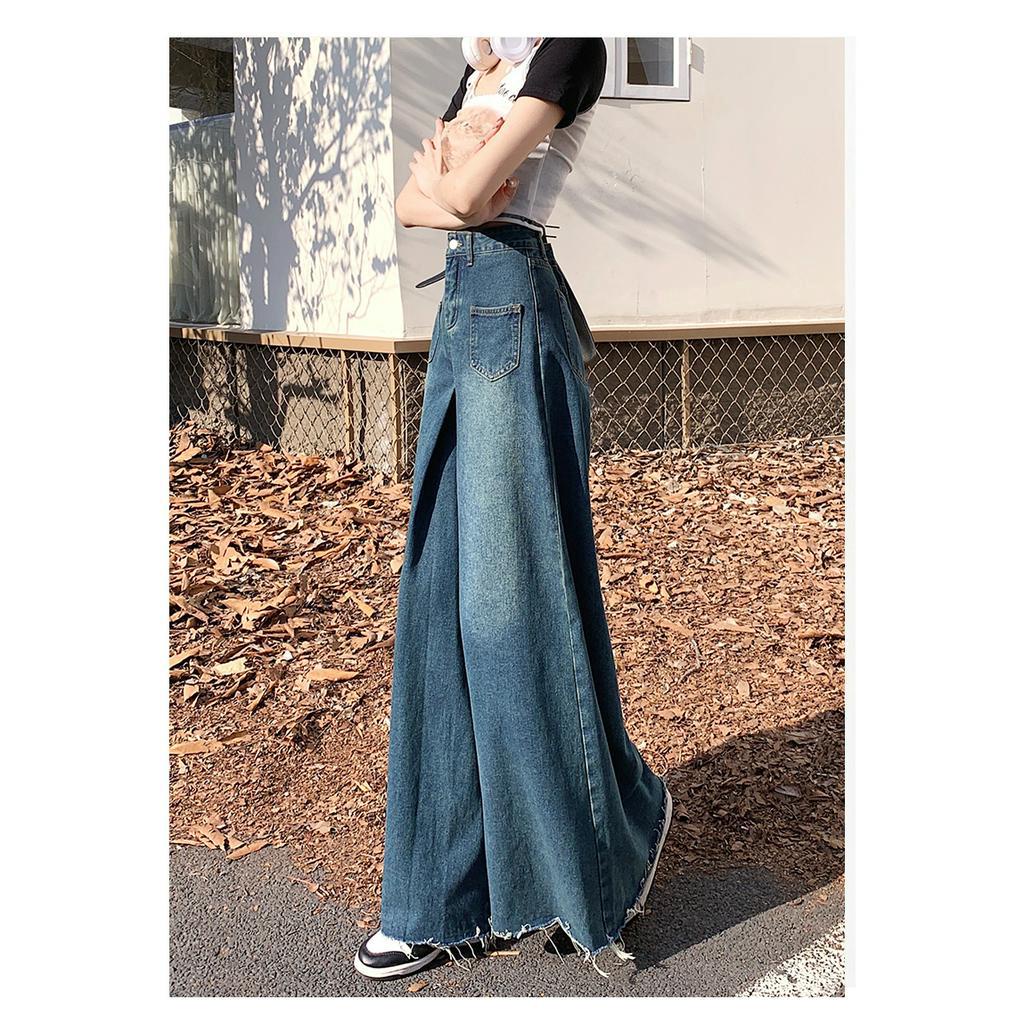 QKOOLE Quần jeans Nữ Lưng Cao Ống Rộng Thời Trang Hàn Quốc