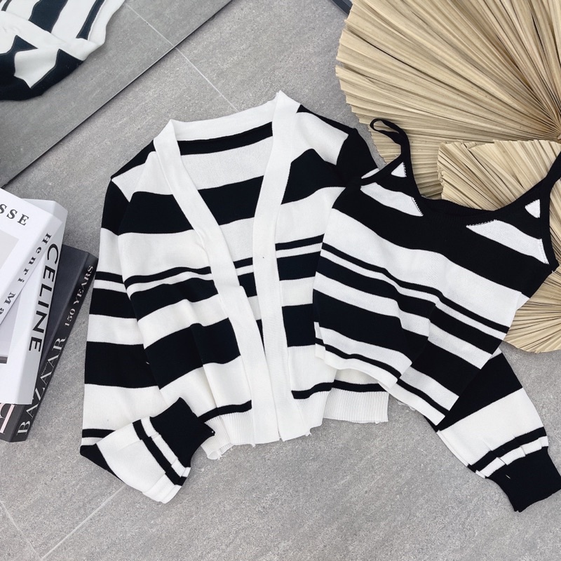 Set áo croptop 2 dây kèm khoác cardigan sọc