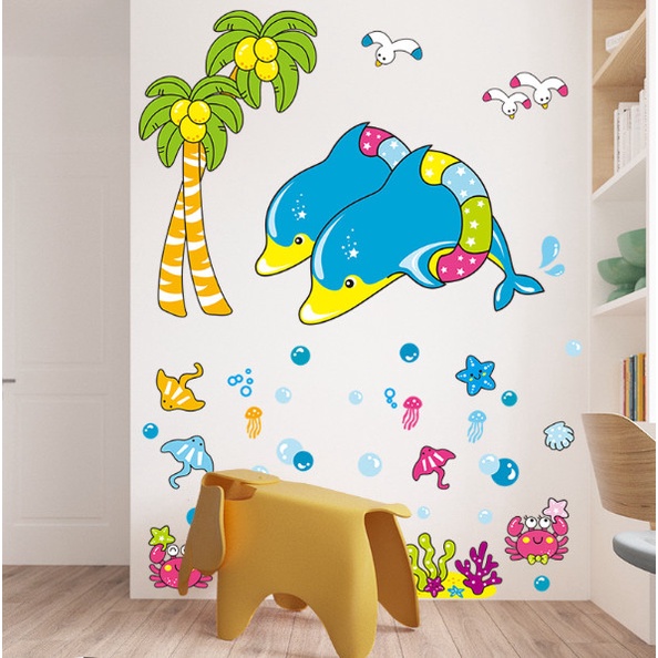 Decal trang trí tường - Cá heo xanh và những người bạn dưới đại dương