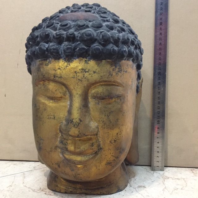 Tượng đầu phật thích ca bằng gỗ sơn mài giả cổ cao 35cm