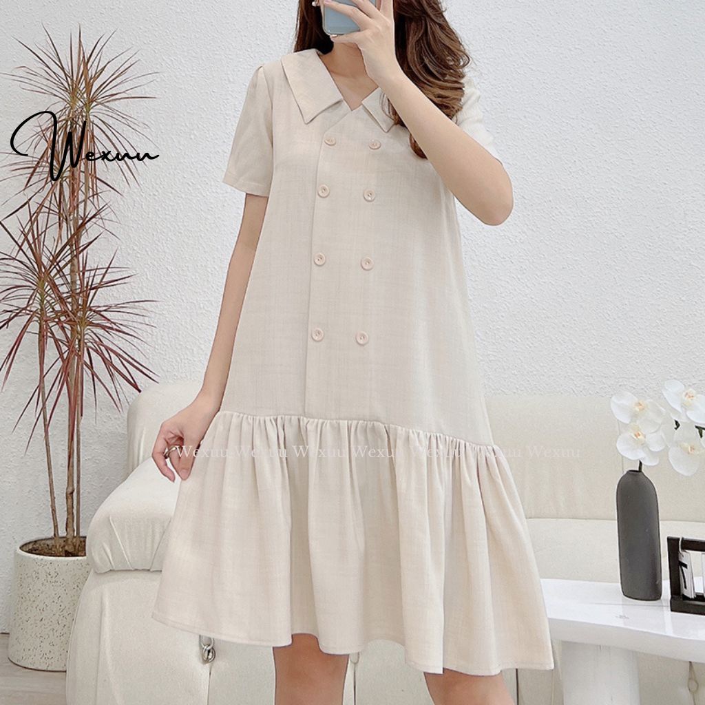 Váy babydoll tay ngắn Wexuu Design hàng thiết kế phối cúc dáng dài xòe nhẹ nhàng thanh lịch - V14
