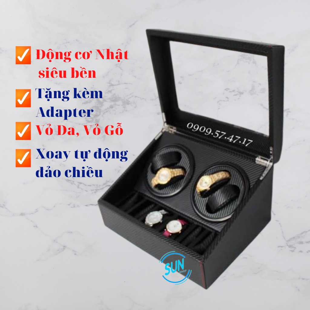 Hộp Lắc Xoay Đồng Hồ Cơ 4 Chiếc Giả Da Đà Điểu, Cá Sấu, Cacbon Giá Rẻ Hàng Cao Cấp