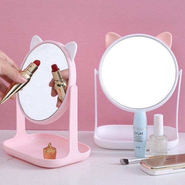 Gương hồng trang điểm tai mèo để bàn nhỏ gọn