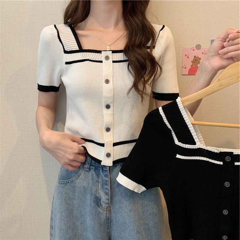 Áo Croptop Dệt Kim Đen Trắng Tay Ngắn Hàng Quảng Châu Cao Cấp Ailee