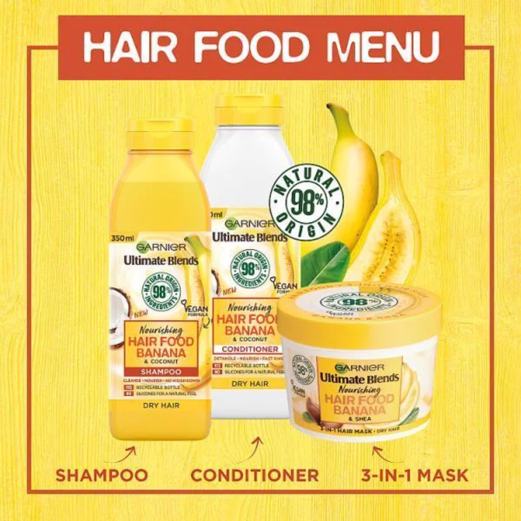 Bộ ba sản phẩm dưỡng tóc chuyên sâu Garnier Ultimate Blend Banana Hair Food dành cho tóc khô