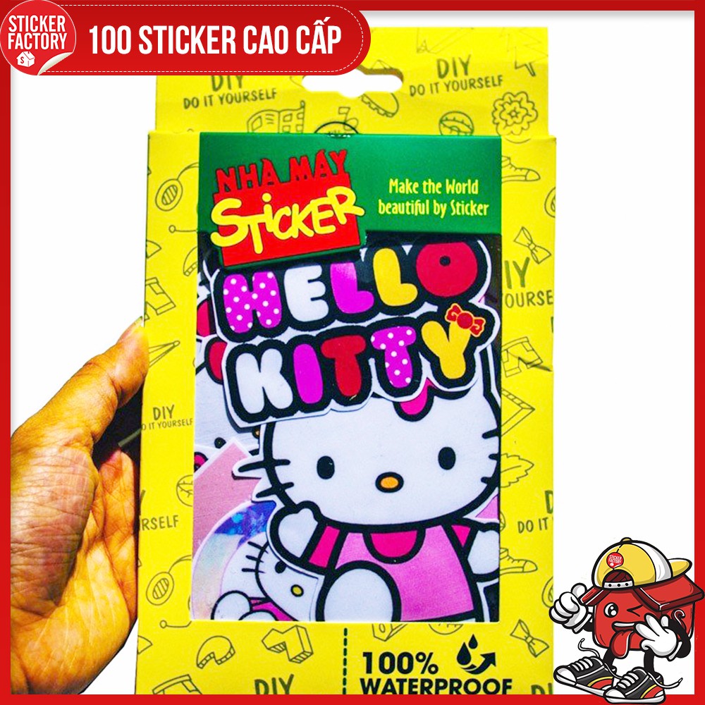 Mèo Hello Kitty - hộp set 100 sticker decal hình dán, trang trí nón bảo hiểm , laptop, xe máy, ô tô - STICKER FACTORY