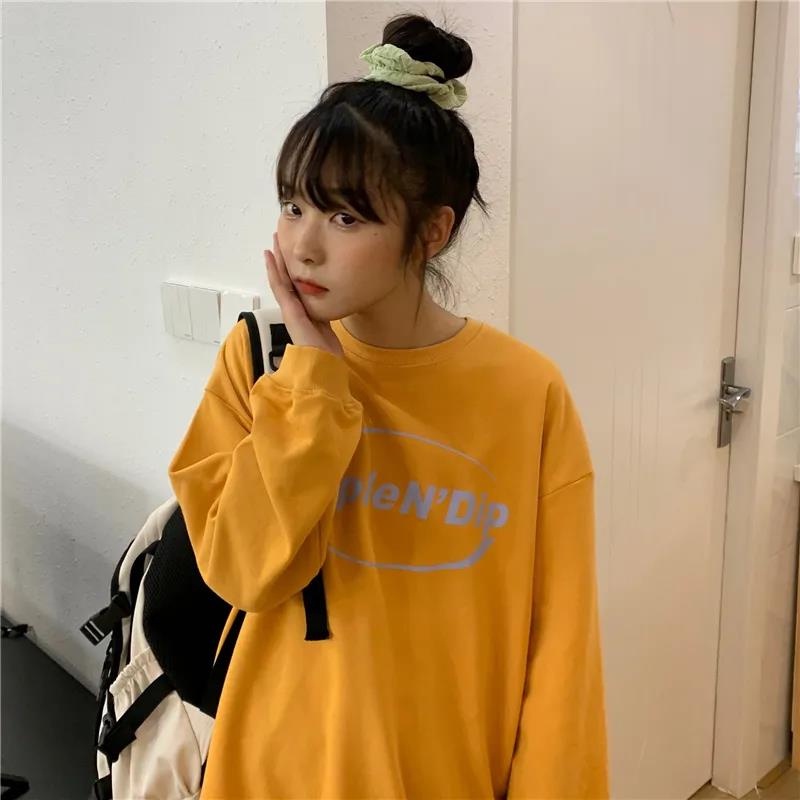 【ZHELIHANGFEI】Áo Thun Nỉ Tay Dài Dáng Rộng In Chữ Trẻ Trung Năng Động Hợp Thời Trang