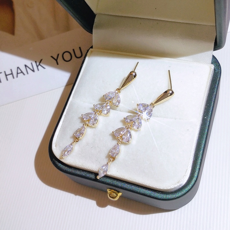 [Jiudolan] Bông Tai Dài Đính Đá Zircon Sáng Bóng Thanh Lịch Kiểu Hàn Quốc