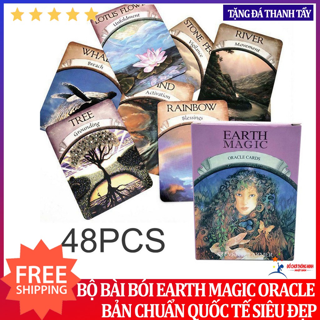 Bộ bài bói earth magic oracle cao cấp và túi nhung và khăn trải bản tarot tặng đá thanh tẩy