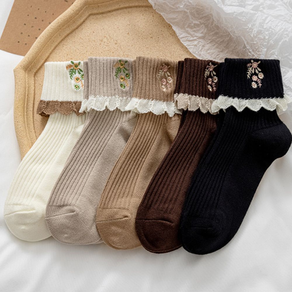 Đôi vớ cotton màu trơn thêu họa tiết retro thời trang Hàn Quốc cho nữ