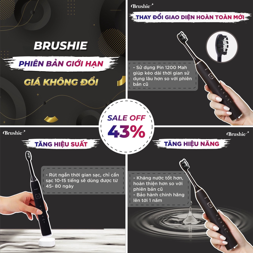 [Bản Cải Tiến+3] BRUSHIE Bàn Chải Điện x Máy Rửa Mặt 5in1, sóng âm SONIC phù hợp mọi loại răng/da nhạy cảm-Chính Hãng