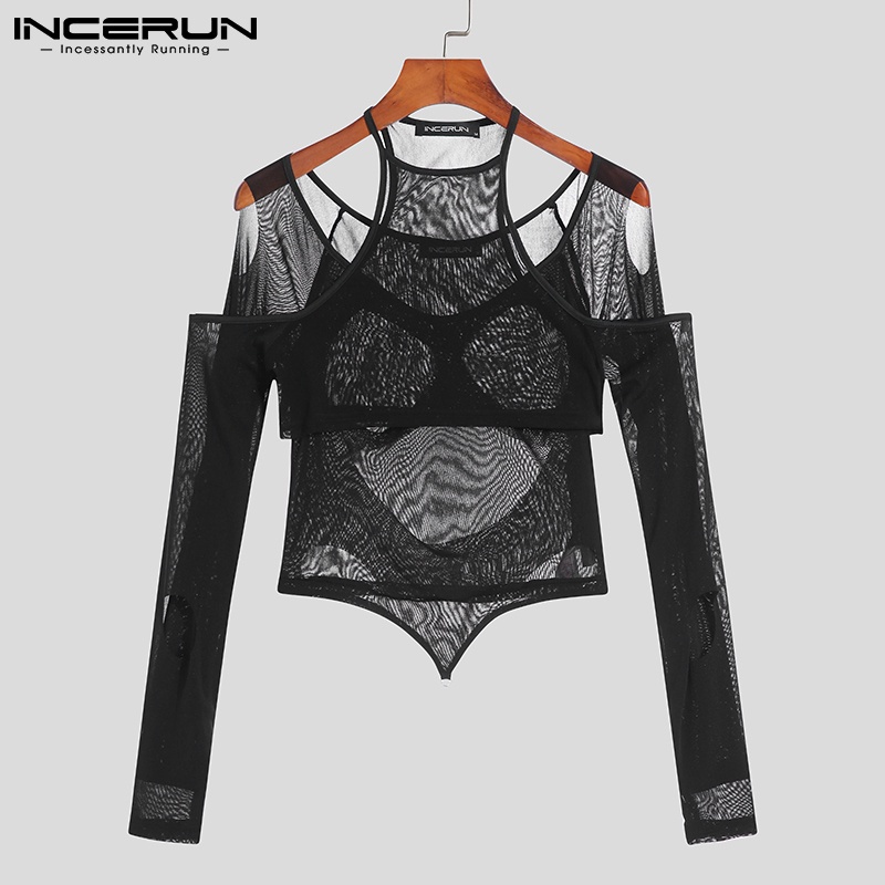 Set 2 áo INCERUN tay dài khoét lỗ dáng ôm vừa vặn xuyên thấu màu đen quyến rũ cho nam