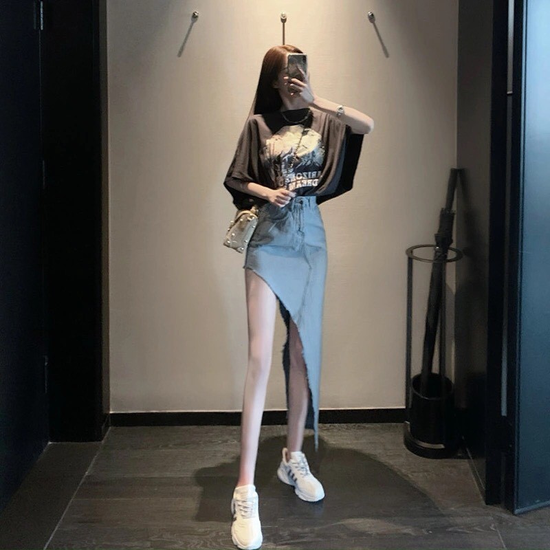 Chân Váy Bò Dáng Dài Thiết Kế Độc Đáo/ Váy Bò Xanh Ins Eo Cao Hở Đùi Sexy Cá Tính V00147 | BigBuy360 - bigbuy360.vn