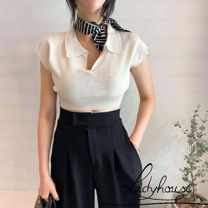 LD-Áo Croptop Dệt Kim Tay Ngắn Phong Cách Retro Hàn Quốc Thời Trang Mùa Hè 4 Màu Tùy Chọn Cho Nữ