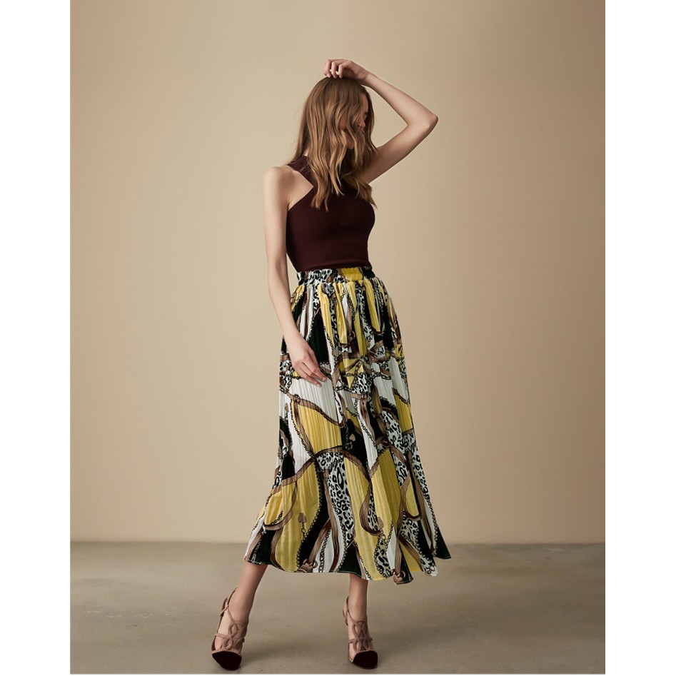High Waist Chiffon Pleated Printed Plus Size A-line Midi Skirt | BigBuy360 - bigbuy360.vn