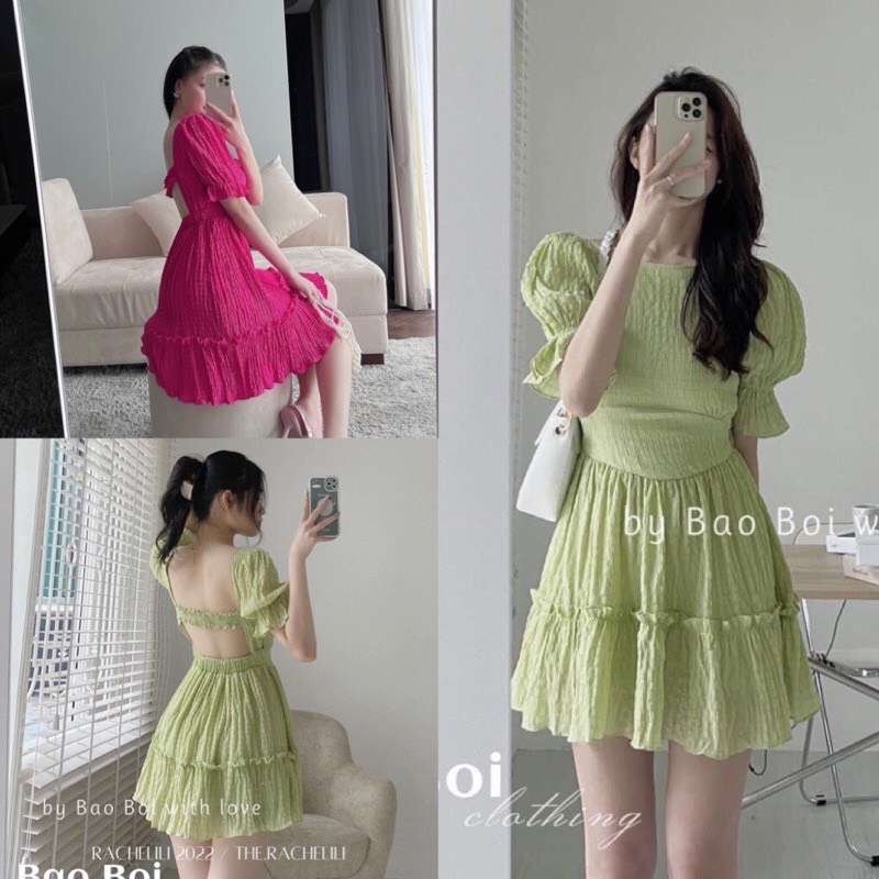 Váy hở lưng 2 lớp chun lưng chân bèo vải xốp