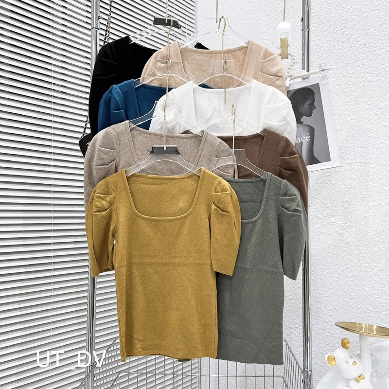 Áo len mongtoghi cổ vuông tay bồng đẹp, Ái kiểu len cổ U sexxy AL8934 - NhiNhi Shop