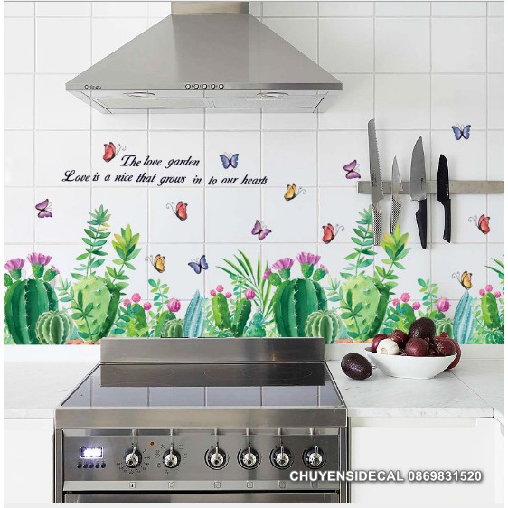 Decal dán tường - Chân tường Lá Cỏ bướm hoa kèm chữ mới