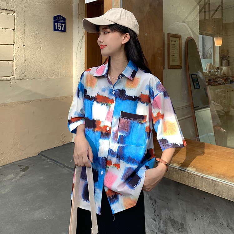 Áo sơ mi họa tiết Leeva Shop dáng rộng màu sắc: 7mau