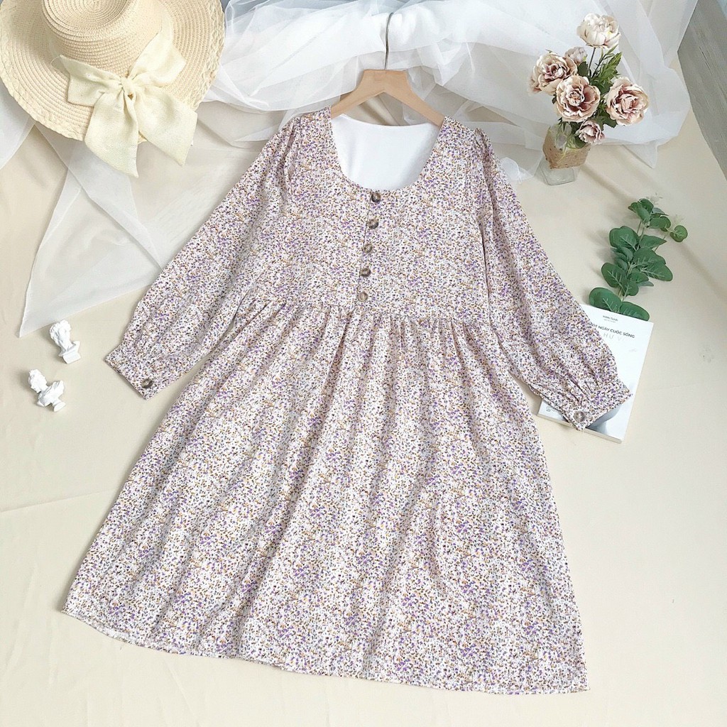 Đầm Xòe Babydoll Hoa Nhí- Váy Xòe Cổ Tròn Tay Bồng Kiểu Dáng Nhẹ Nhàng Nữ Tính Thích Hợp Cho Các Nàng Bánh Bèo