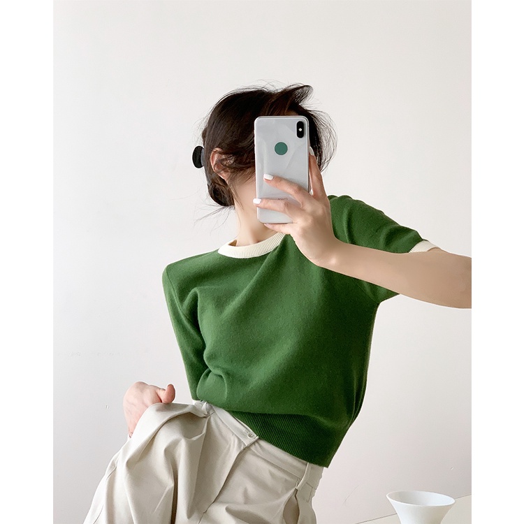 QADCOL  Áo Sweater Dệt Kim Tay Ngắn Kiểu Vintage Thiết Kế Trẻ Trung