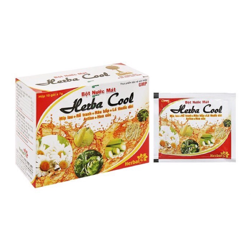 Bột nước mát Herba cool (Mía lau, rễ tranh, râu bắp, actiso, hoa cúc,…) giúp thanh nhiệt, mát gan, giải độc, lợi tiểu