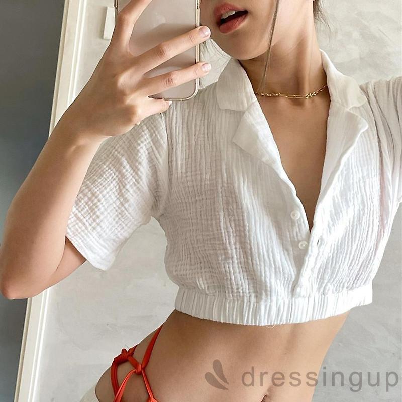 DRESSINGUP-Áo ngắn tay màu sắc đơn giản thiết kế thời trang