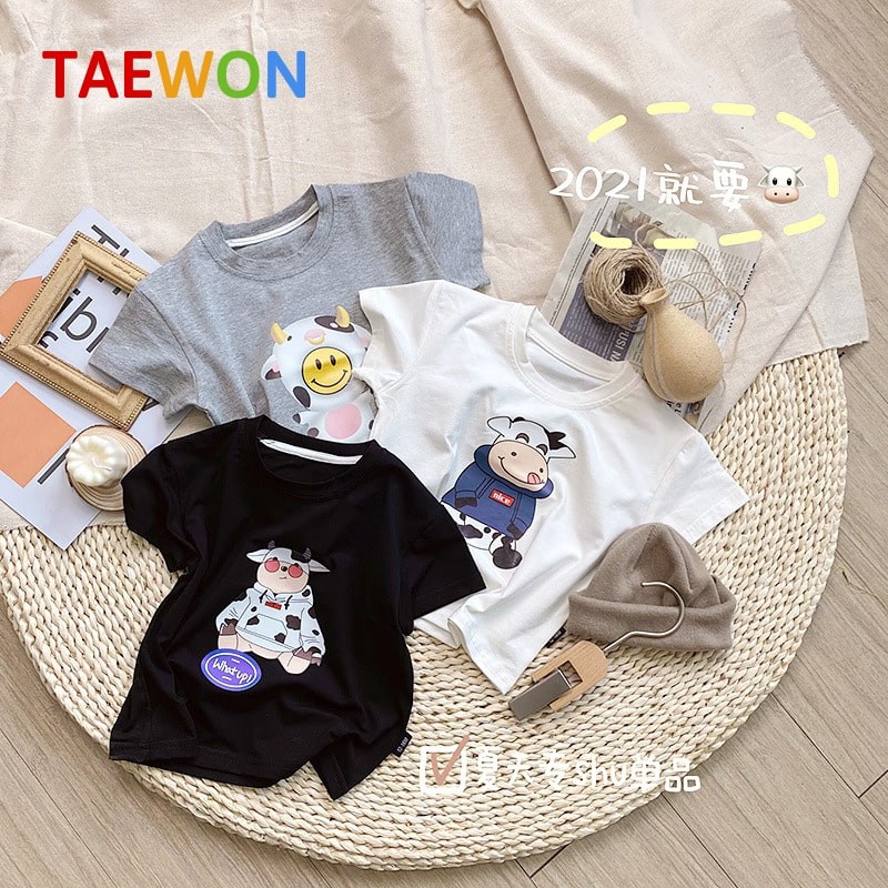 Áo thun bé trai Hàn Quốc chất cotton , Áo phông cộc tay bé gái xuất dư từ 1 đến 5 tuổi Taewon Kids AT06