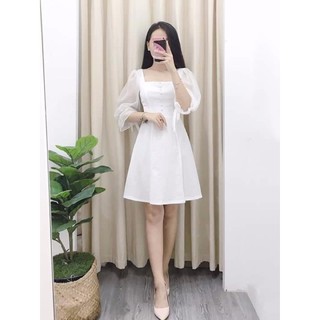 Váy trắng nữ Jane -Lyn- Váy xòe dài ngang gố ithiết kế cổ vuông cá tính sành điệu, chất gân hàn co dãn cao cấp, dạo phố