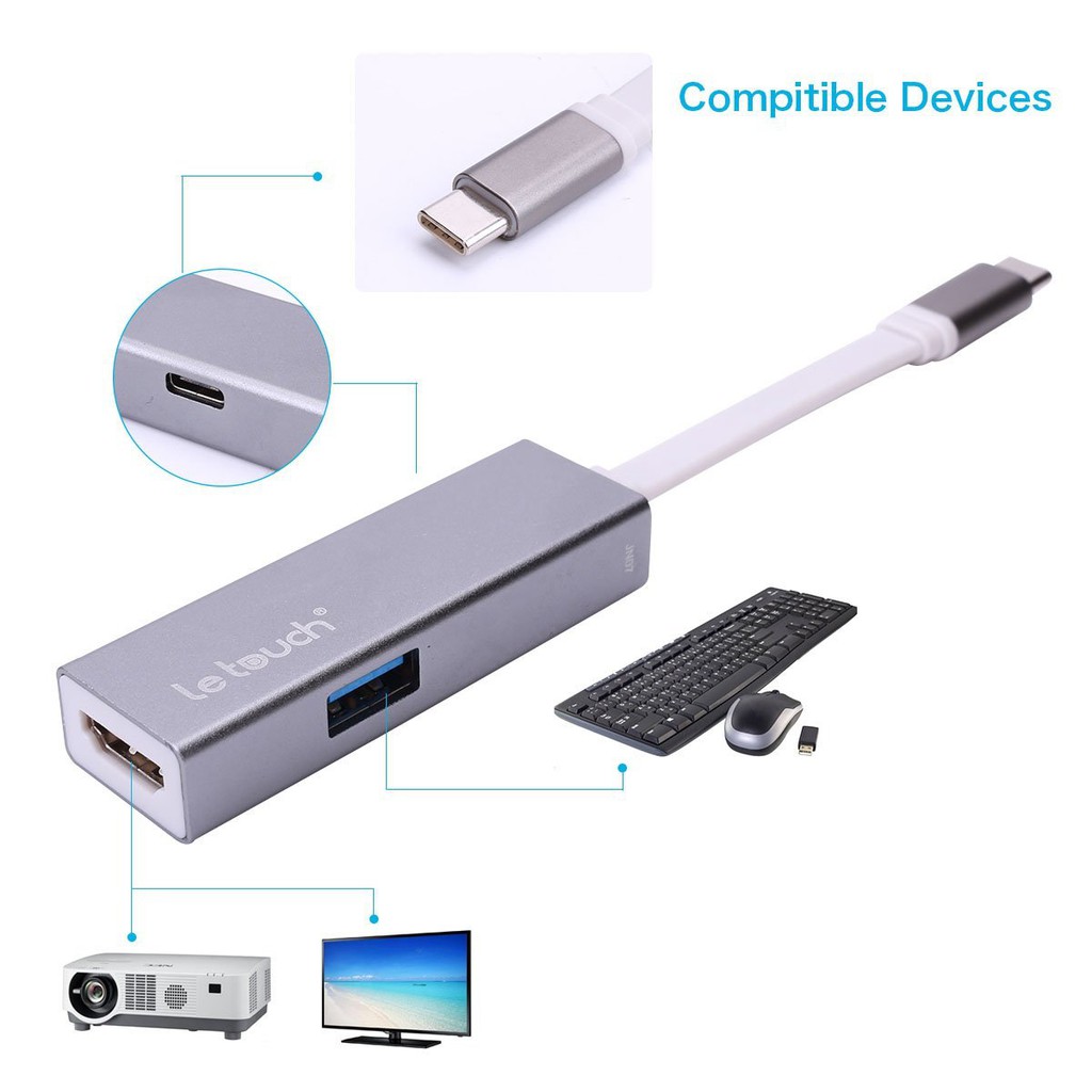 Cáp USB Type C HDMI/USB 3.0 Adapter Hub with Power Delivery Letouch ( xám)