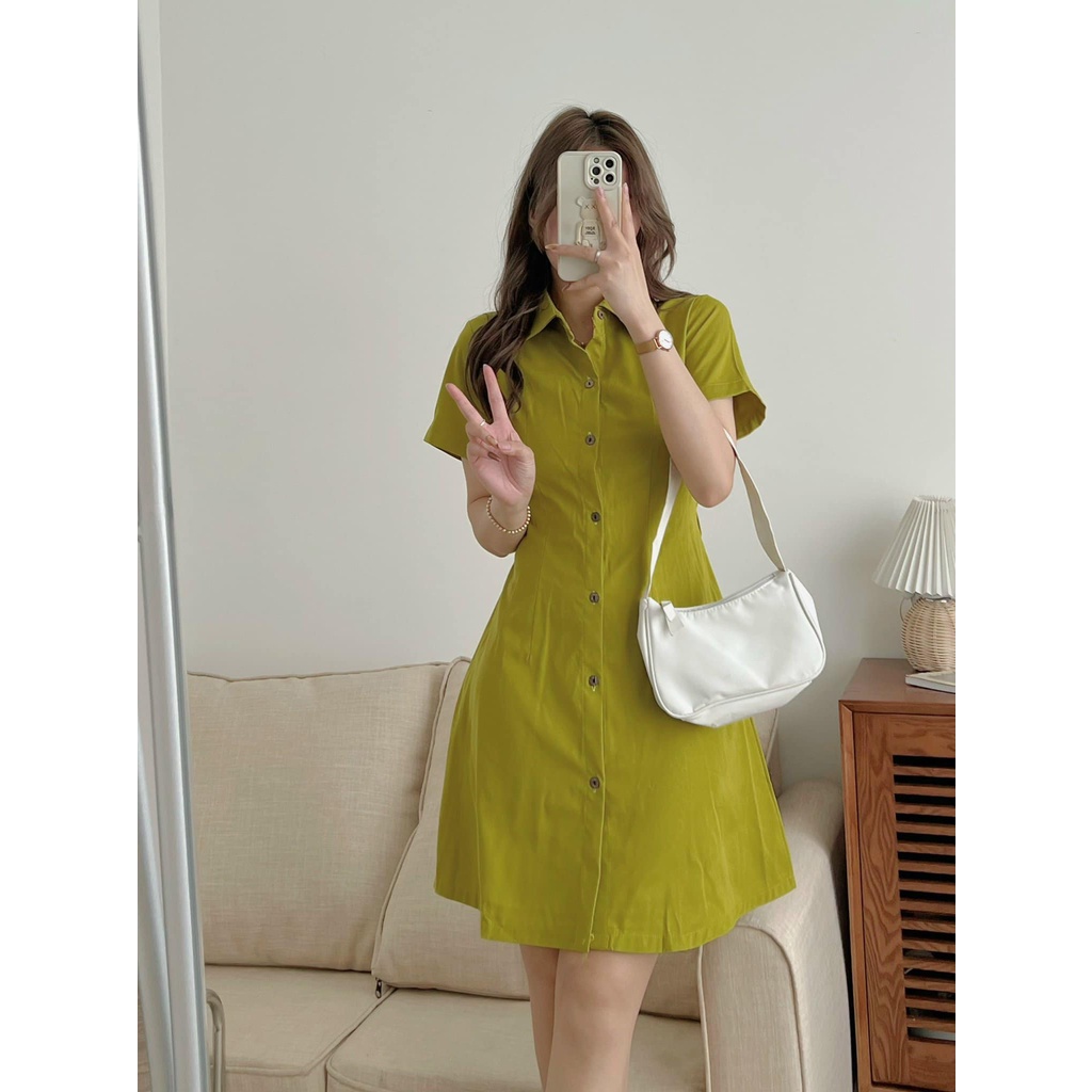 Váy Kaki 2 Da Cúc Gỗ Tay Ngắn Chun Eo Sau 4 Màu, Labibi