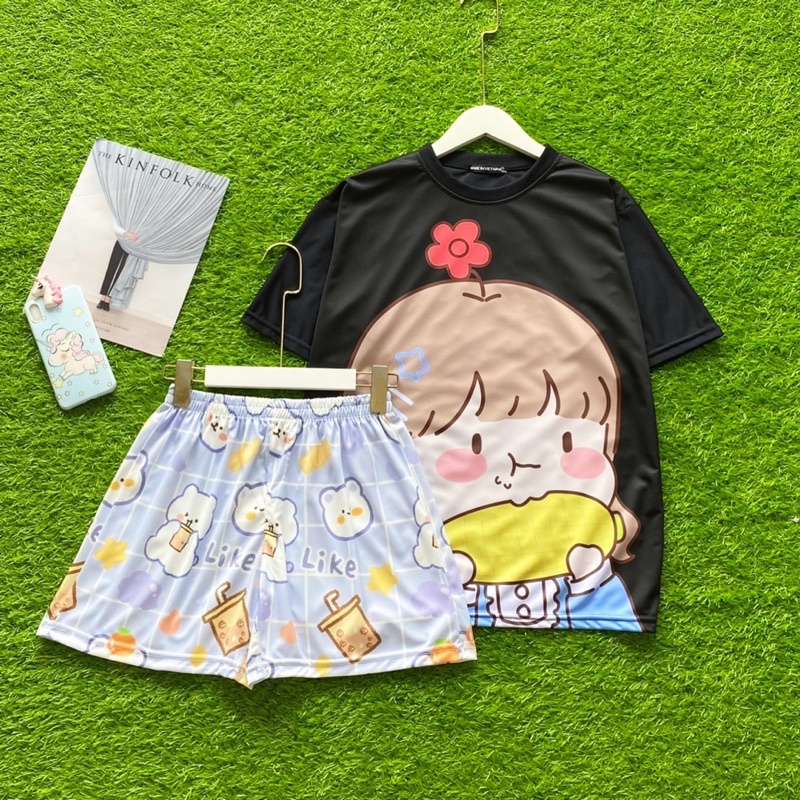 Đồ bộ mặc nhà form rộng unisex in hoạt hình chất thun thoáng mát nguyên set bộ đồ ngủ nam nữ