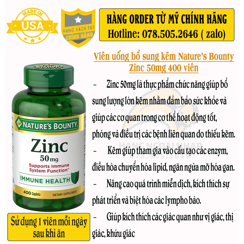 Bo sung kẽm ZinC Nature’s Bounty 50mg 400vien tăng miễn dịch