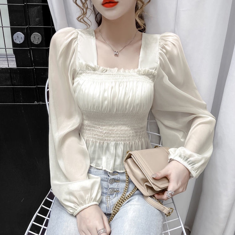 Áo Sơ Mi Trắng Tay Dài Cổ Vuông Dáng Ngắn Chất Liệu Chiffon Thời Trang Mùa Thu Phong Cách Hàn Quốc Cho Nữ 0304