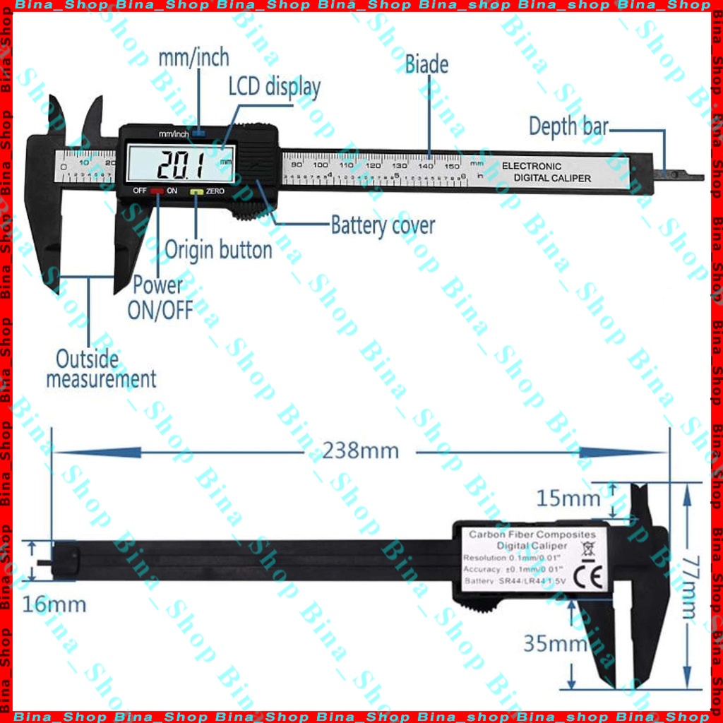 Thước kẹp điện tử nhựa 10cm/15cm kèm pin, hộp nhựa mua riêng