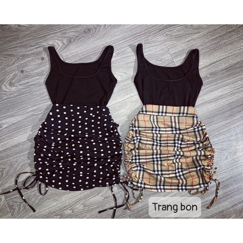 Set áo ba lỗ + chân váy hoạ tiết rút dây