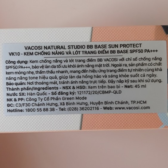 Kem lót trang điểm chống nắng VACOSI BB VACOSI SPF50 PA+++