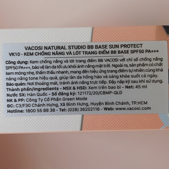 Kem lót trang điểm chống nắng VACOSI BB VACOSI SPF50 PA+++